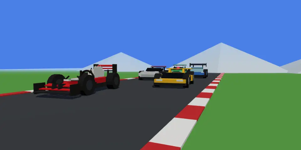 An F1 car, a supercar, a drift car and GT racers coming down a circuit in Mythwild