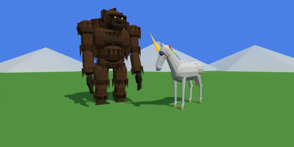 Bigfoot, a huge shaggy brown creature with glowing eyes, standing beside a white unicorn with a golden horn