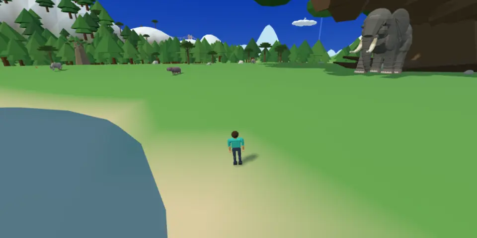 The savanna in Mythwild: an elephant under a great tree, with a hippo and a rhino by the water hole